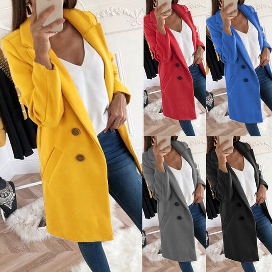 Women's Woolen Coat - Solid Color, Long Cut with Lapel and Button Closure (Europe and America Amazon Edition)