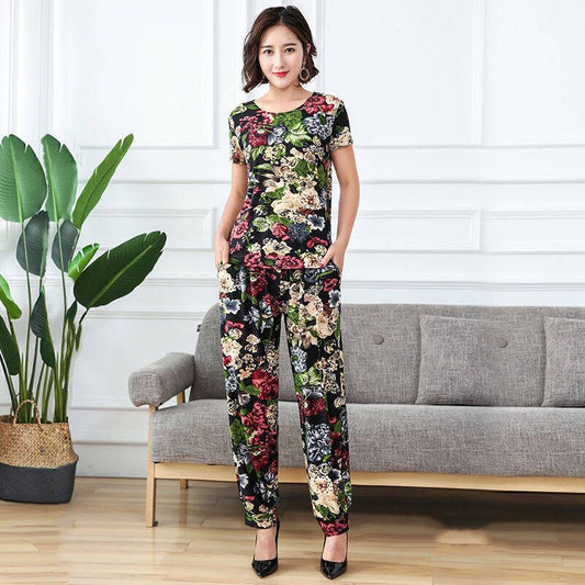 Optimize product title: Women's Summer Ice Silk Short Sleeve Set - Loose Fit, Plus Size, Versatile Colors, Perfect for Home and Casual Wear