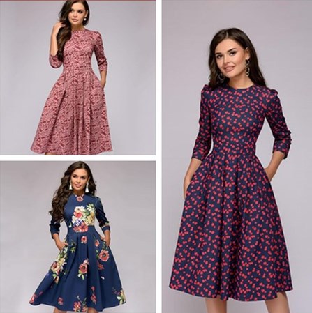 Retro Floral A-line Dress with Three-Quarter Sleeves for Women's Autumn and Winter Parties