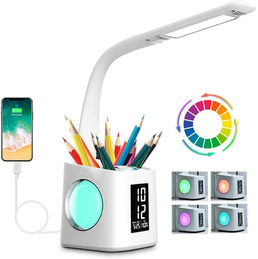 Rechargeable LED Pen Holder Desk Lamp with Dual-purpose Atmosphere Lamp, Perpetual Calendar, Alarm Clock, Night Light, and Eye Protection
