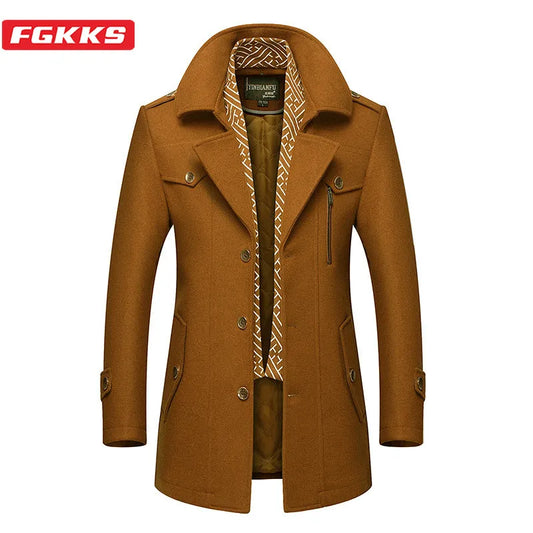Men's Slim Fit Trench Coat Wool Blend Overcoat - Classic Fashion Long Jacket for Casual Wear and Warmth